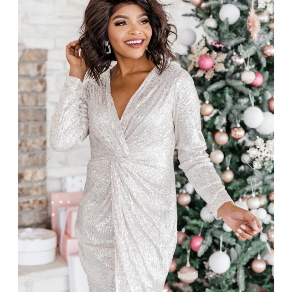 Pink Lily, Celebratory Night Champagne Sequin Dress, Size Small